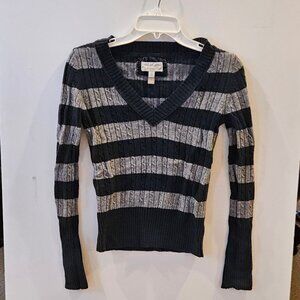 American Eagle Women Navy Blue and Grey Stripe Polo V-Neck Sweater Size Medium